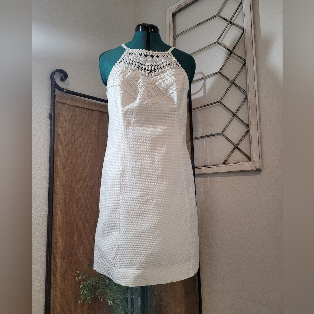 Lilly Pulitzer Pearl Shift Dress Mini Womens 8 White Textured Pique Emboidered